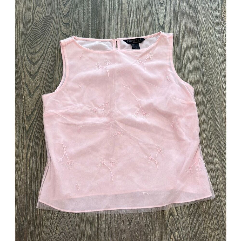 Express Womens Lace Sheer Sleeveless Blouse Embroidred Flower Pink Size 7/8